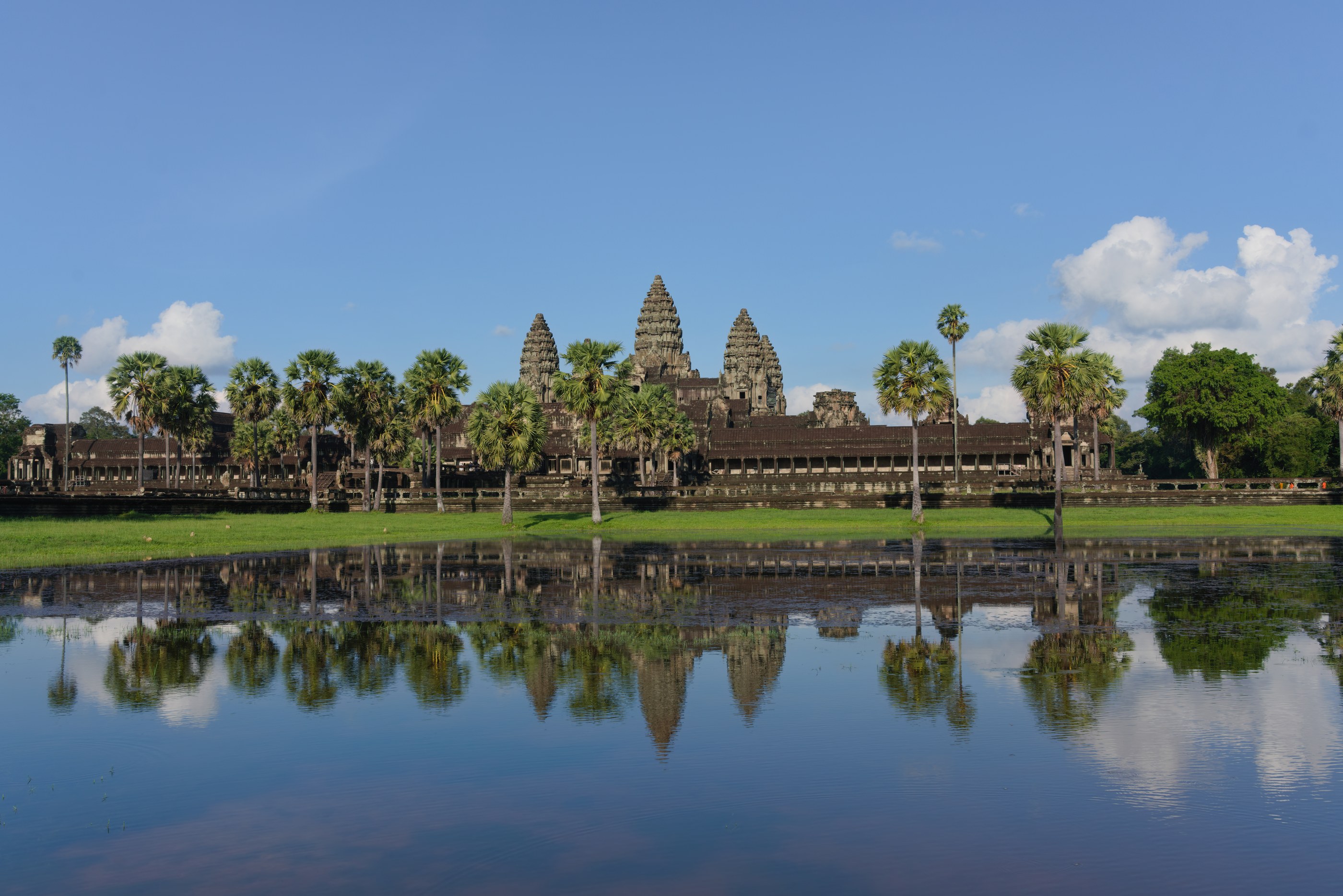 Il tempio di Angkor Wat e le palme si riflettono nell’acqua sotto un cielo azzurro.