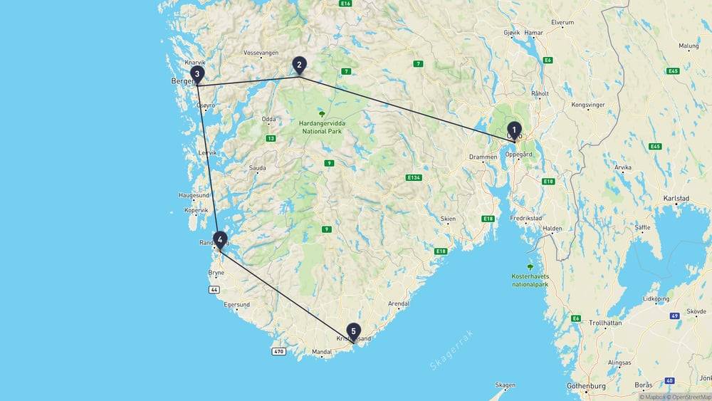 Mappa delle cinque tappe: Oslo, Eidfjord, Bergen, Stavanger e Kristiansand